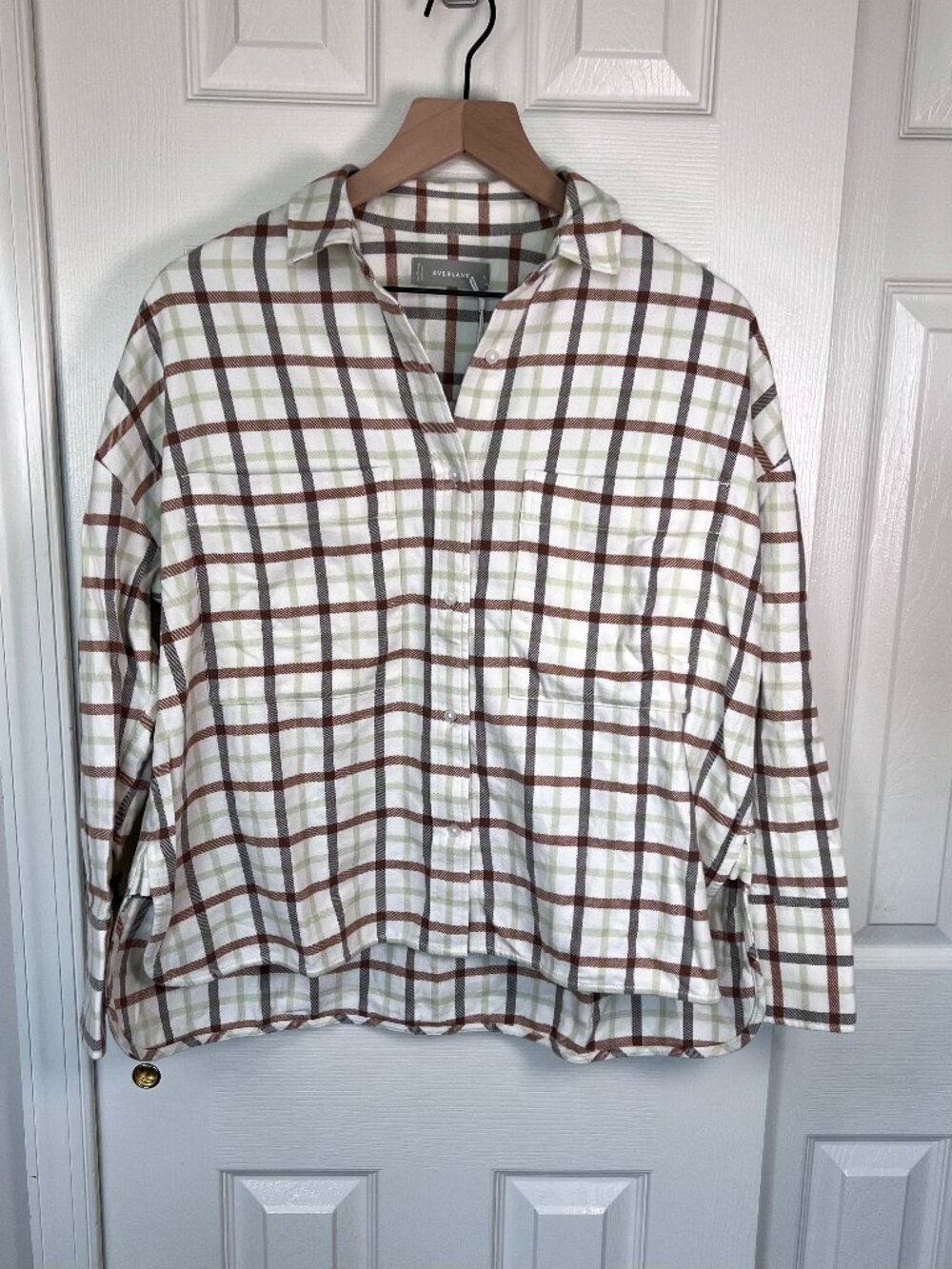 Everlane Boxy Flannel Button Down Brown/Green Size S NWT